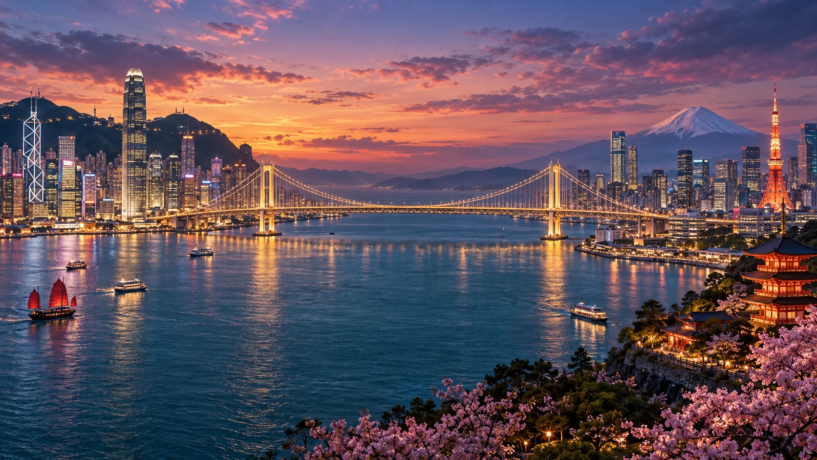 Illustrated bridge connecting Hong Kong ↔ Japan